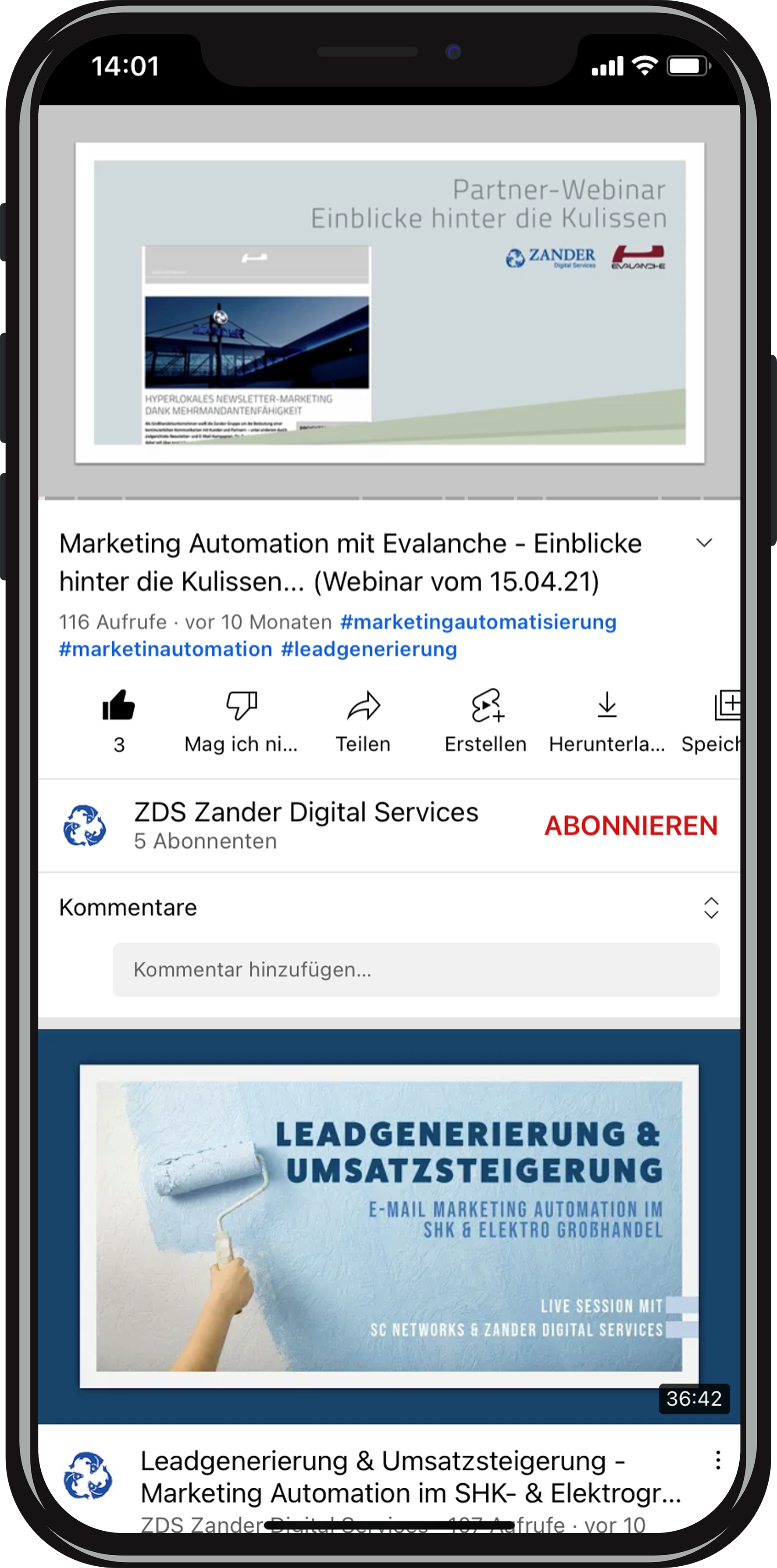 Screenshot of the recording of a webinar on marketing automation with Evalanche by Zander Digital Services